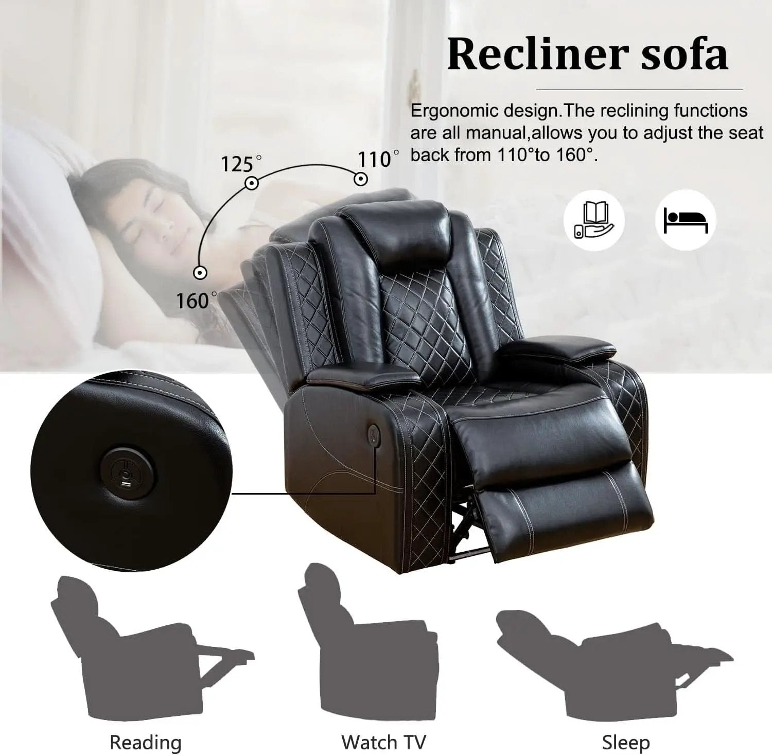 Power Leather Recliner Sofa Set LED Lights USB Ports Black from PriceLows™