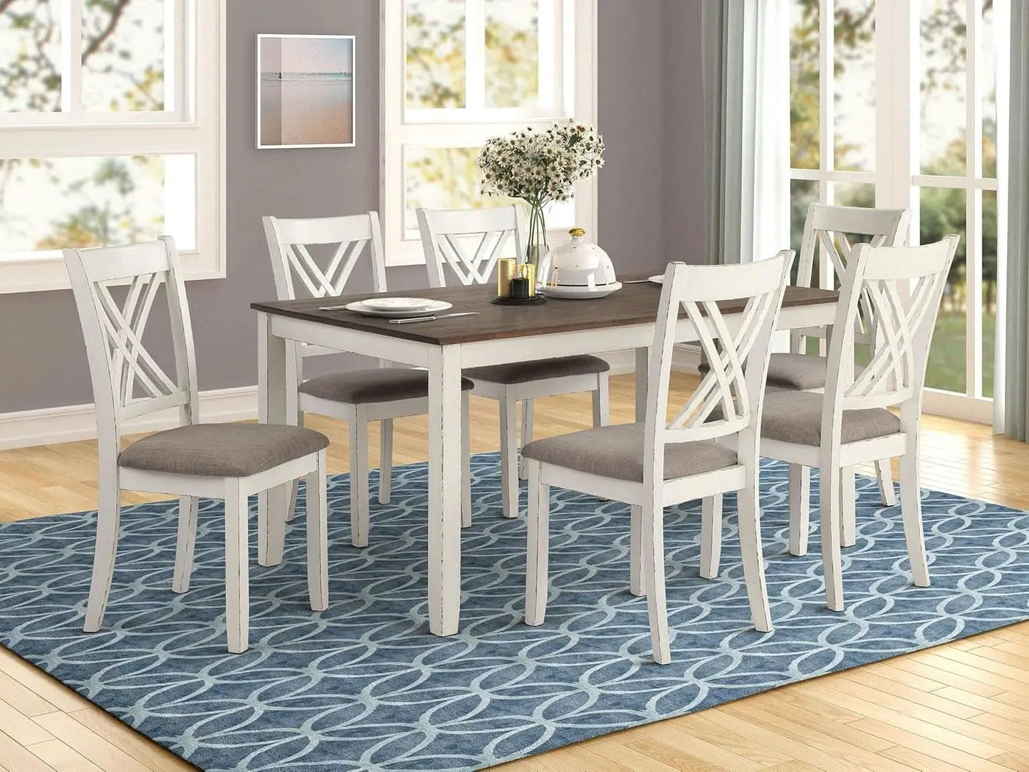 Seven Piece Rectangular Dining Table Set Two Tone Finish from PriceLows™