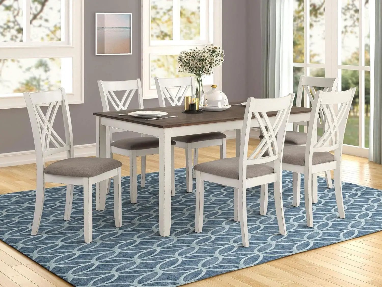 Seven Piece Rectangular Dining Table Set Two Tone Finish from PriceLows™