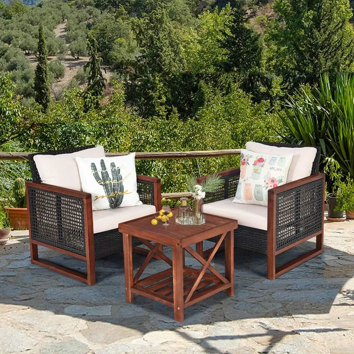 3 Piece Outdoor Patio Furniture Set With Wicker Chairs And Coffee Table Washable Cushions Acacia Wood Frame from PriceLows™
