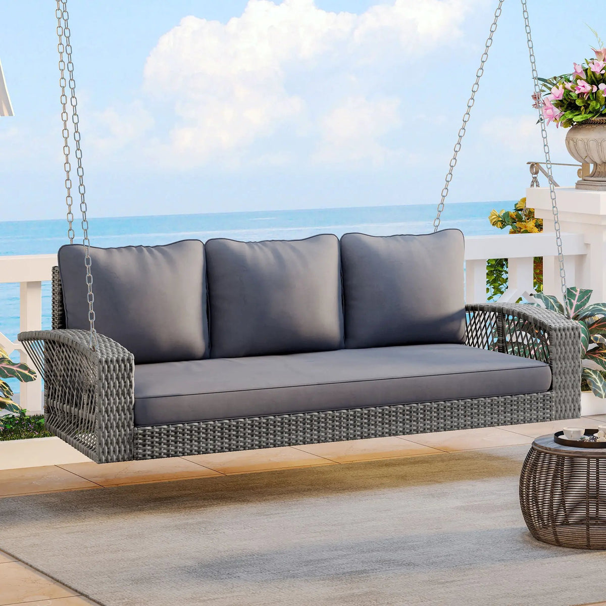 3 Person Patio Swing Bench | Hand-Woven PE Rattan | Cushions Included | Double-Strand Weave