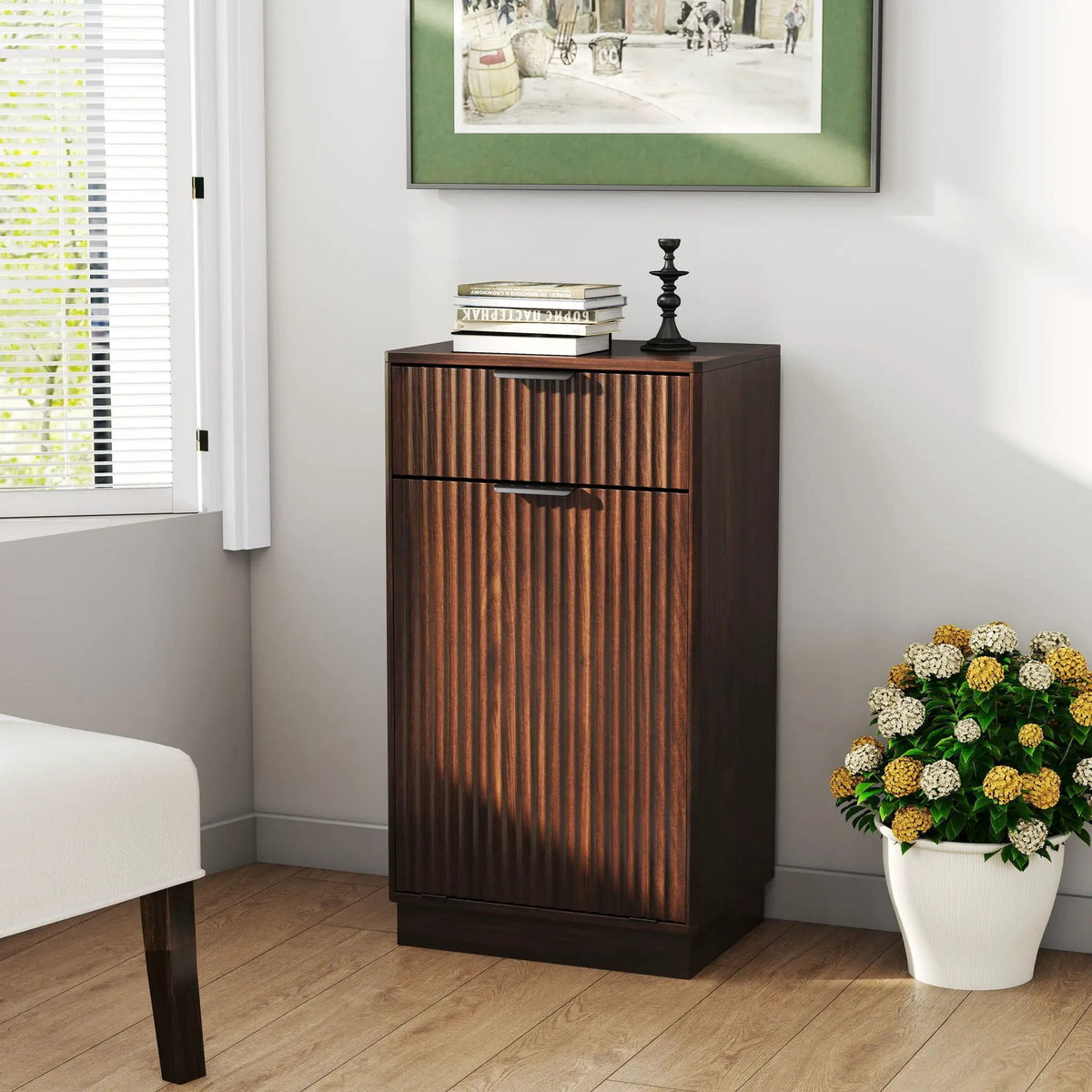 Tilt Out Trash Can Cabinet | Wave Textured Drawer | Pull Out Bin | Dual-Zone Waste Control