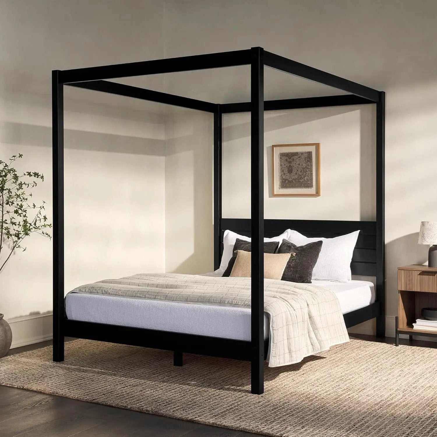 Modern Black Queen Canopy Bedframe with Slatted Headboard from PriceLows™