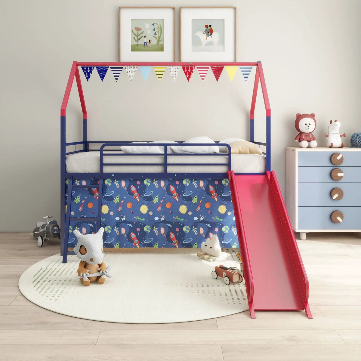 Jack House Loft Bed With Slide And Curtain Set | 5 Pieces | Metal | Bedroom