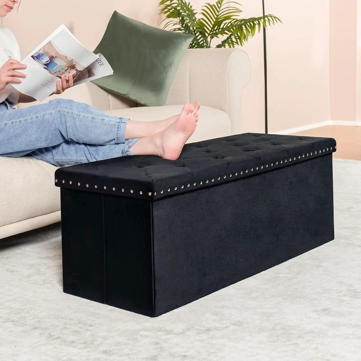 Jet Black Storage Ottoman Bench Seat 43.3 Inch Length from PriceLows™