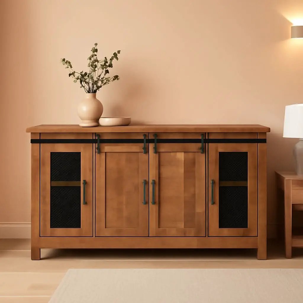 65 Inch Solid Wood TV Stand Honey Tobacco With Rustic Doors from PriceLows™