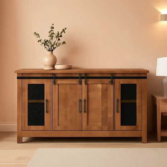 65 Inch Solid Wood TV Stand Honey Tobacco With Rustic Doors from PriceLows™