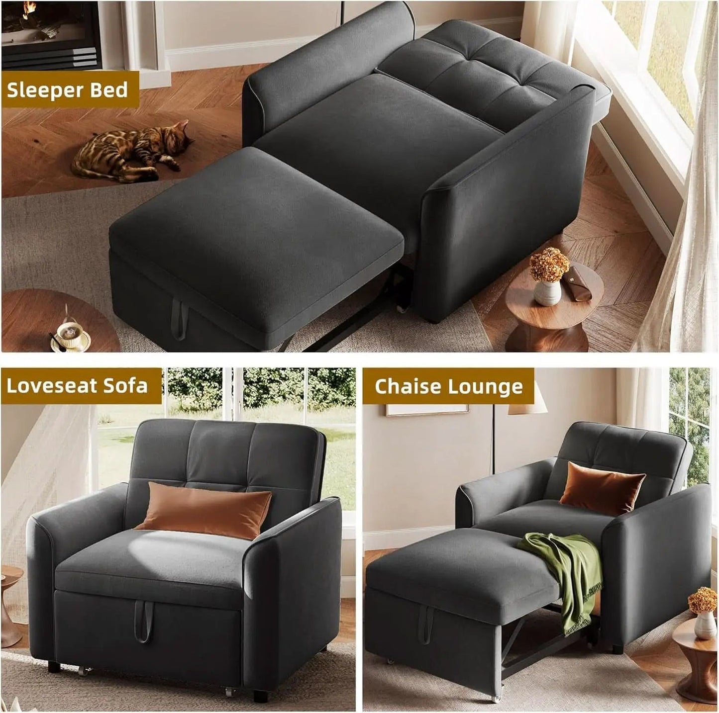 Convertible Sofa Bed Chair Gray Velvet Upholstered from PriceLows™