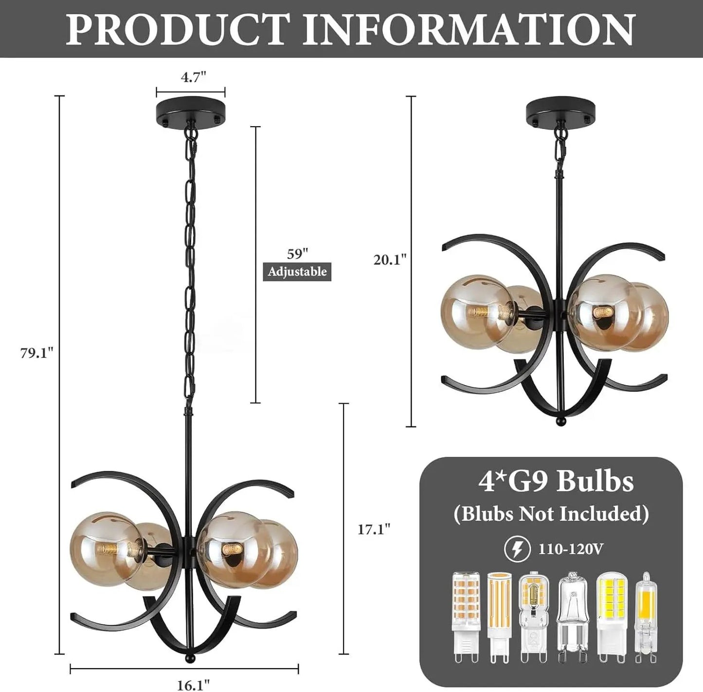 Black Sputnik Chandelier 4 Light Amber Glass Globes from PriceLows™