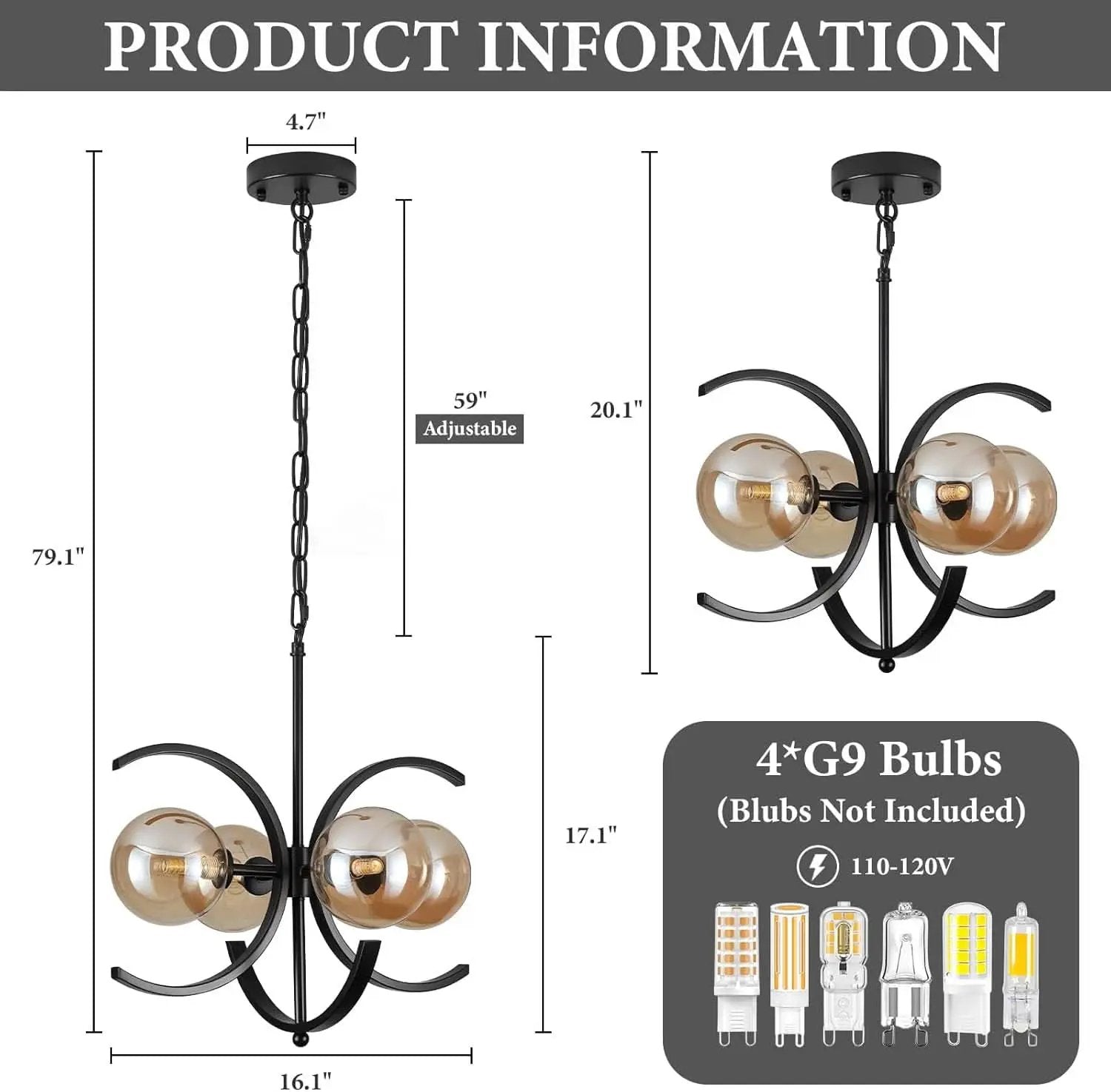 Black Sputnik Chandelier 4 Light Amber Glass Globes from PriceLows™