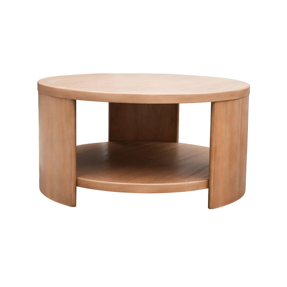 Minimalist Round Coffee Table | Natural Finish | Fixed Shelf Storage | 36 Inch Diameter