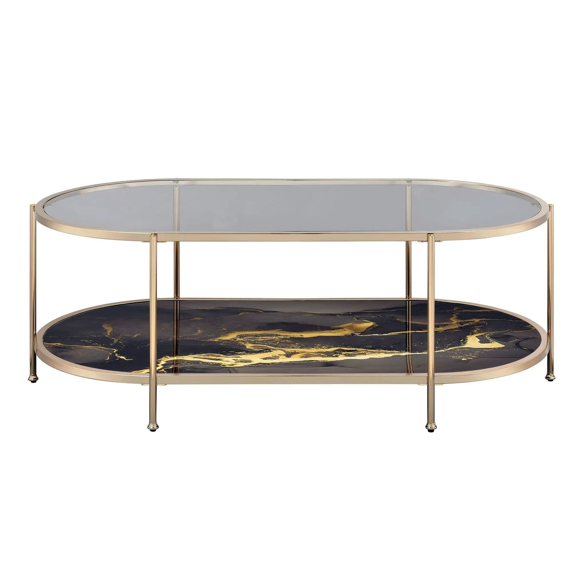 Fiorella Marble Print Glass Coffee Table | Metal Frame | Lower Shelf | 50 Inch Width