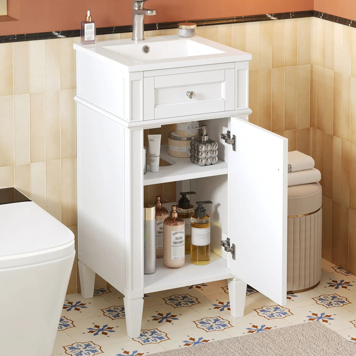 French Style Bathroom Vanity | Integrated Ceramic Sink | Fluted Panels | Solid Wood Legs