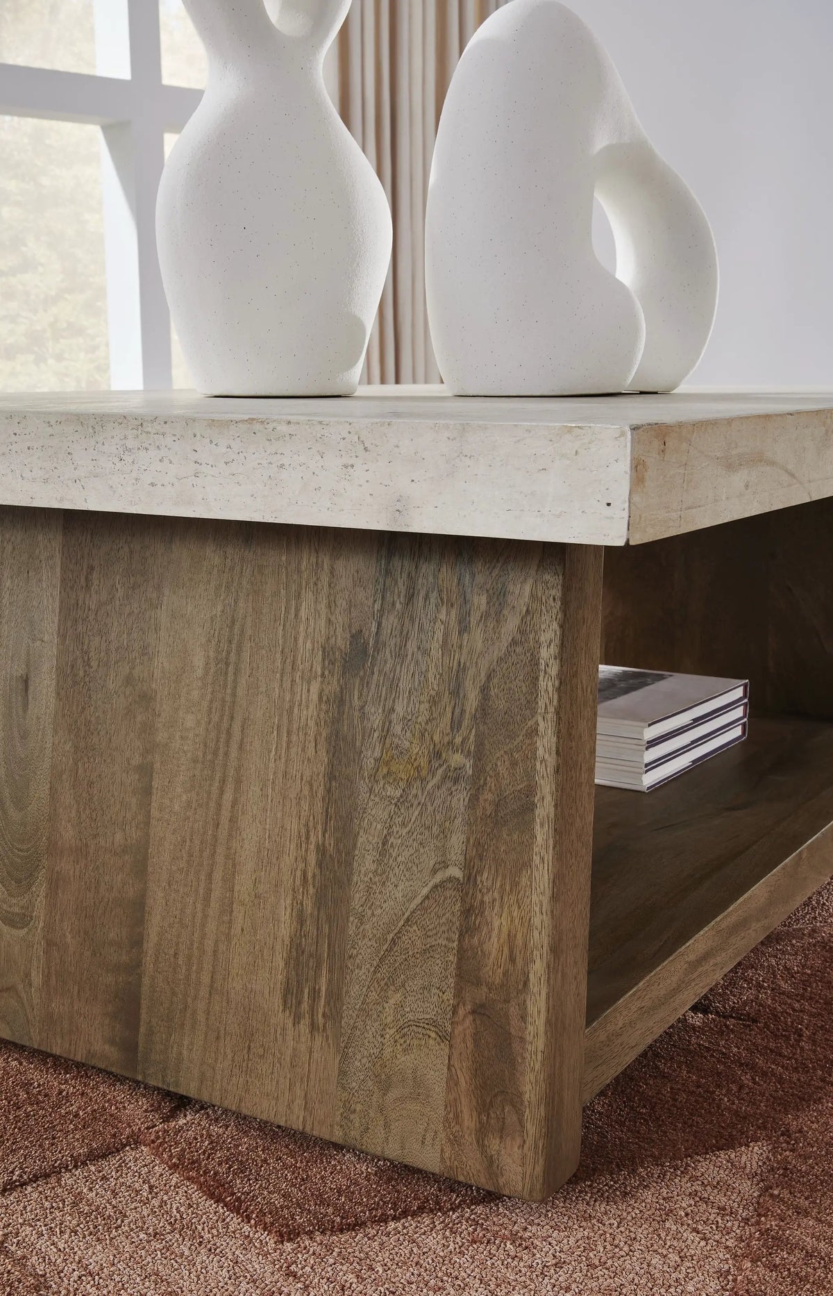 Brendalhouse Rectangular Cocktail Table | Faux Cement Tabletop | Double Plinth Base | Casual Contemporary