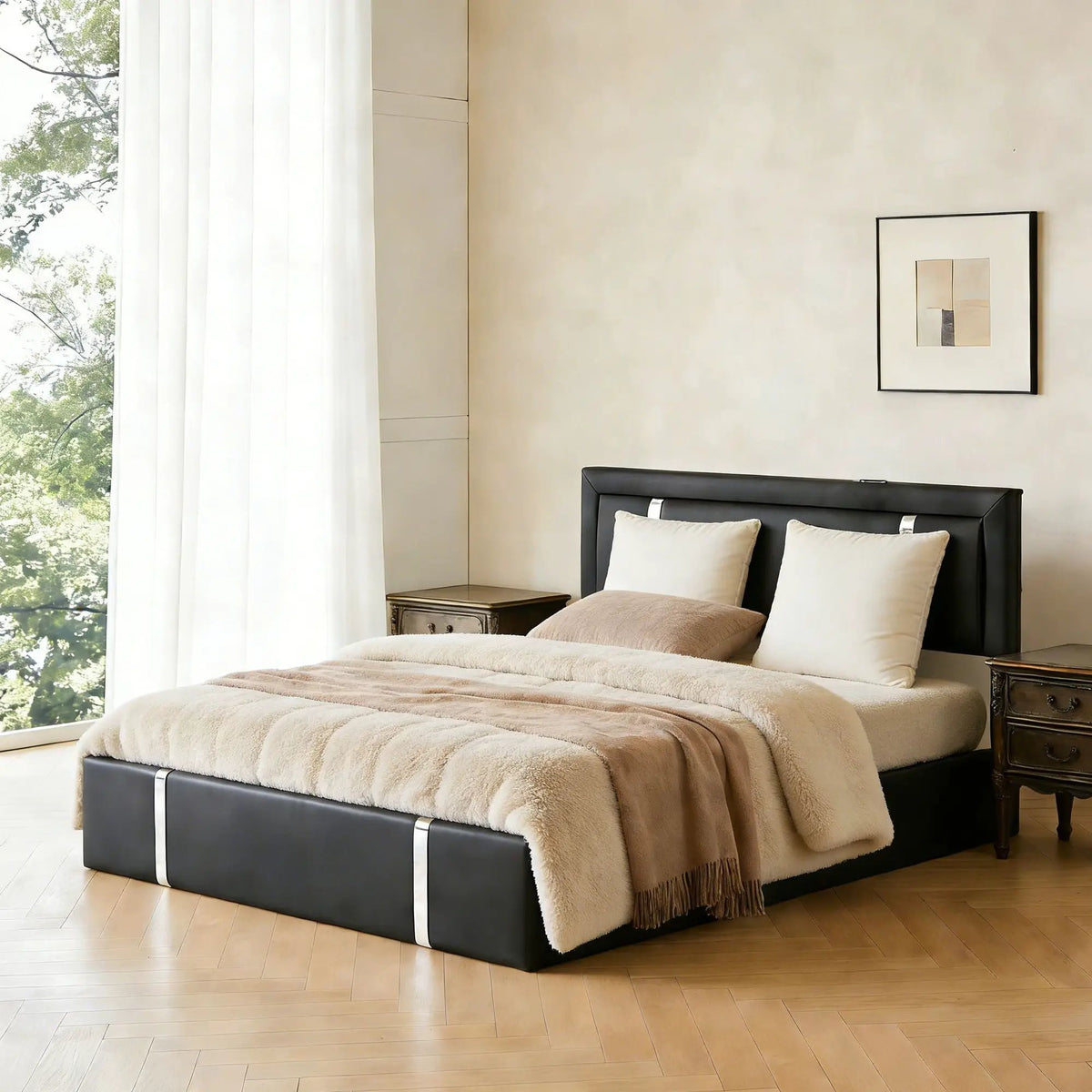 Upholstered Platform Bed Frame | Adjustable LED Headboard | Hydraulic Lift
