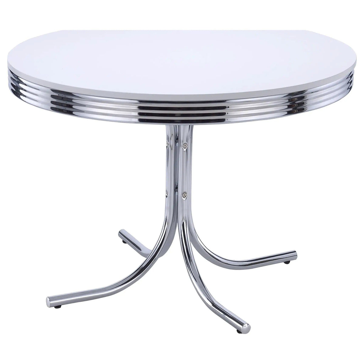 Retro Round 42-inch Wood Top Dining Table White and Chrome | 42 x 42 x 30 in | Engineered Wood & Veneer | Dining Room
