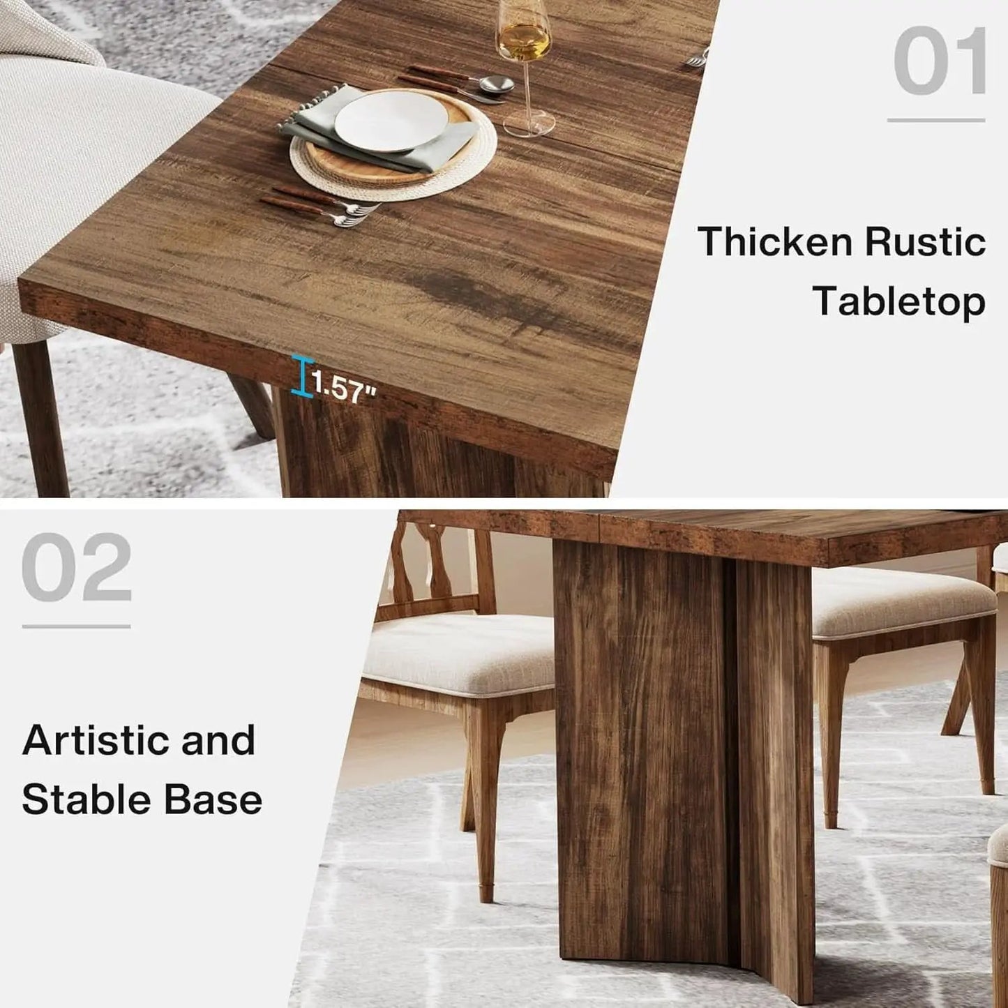63 Inch Dark Brown Farmhouse Dining Table With Large Tabletop For 4 To 6 People from PriceLows™