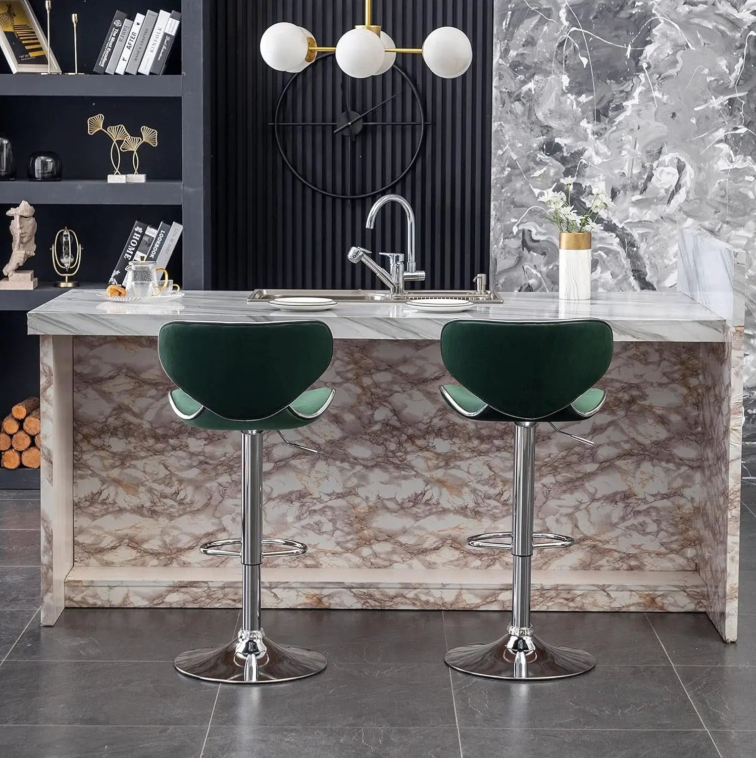 Green Velvet Upholstered Adjustable Swivel Bar Stools Set 2 from PriceLows™
