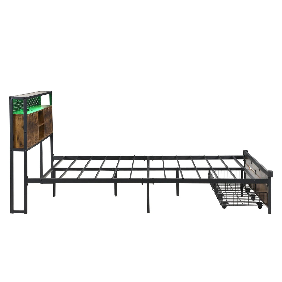 Metal Platform Bed Frame | Wooden Headboard | USB LED Storage