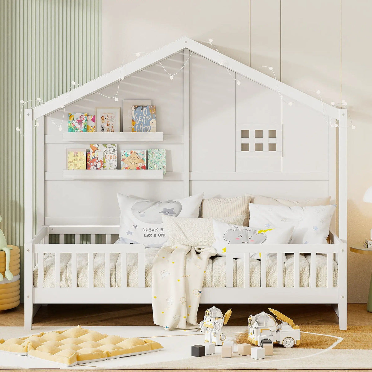 House Bed With Shelves, Window And Sparkling Light Strip On The Roof | 2 Pieces | Bedroom Furniture | Bedroom