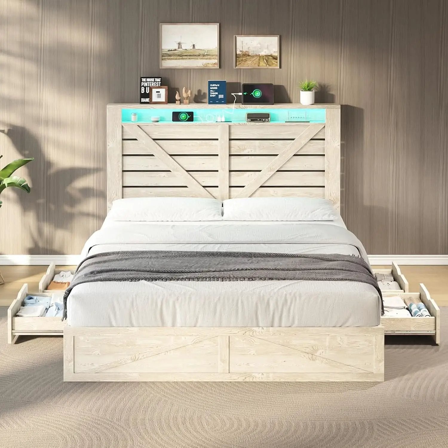 Queen Size Farmhouse Storage Bed With LED Lighting from PriceLows™