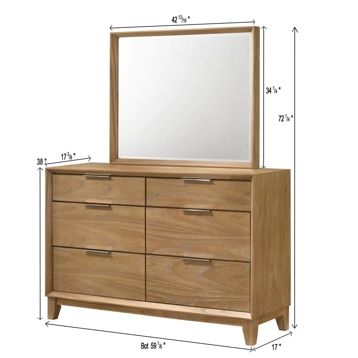 6 Drawer Storage Dresser | Natural Wood Finish | Clean-Lined Contemporary Style | 59.8 Inch Width