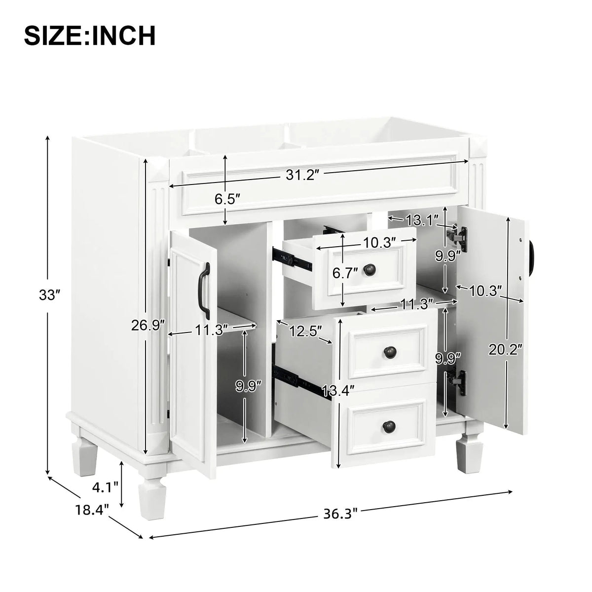 Bathroom Vanity Cabinet | 35.3 Inch Width | 2 Soft Closing Doors | 2 Drawers