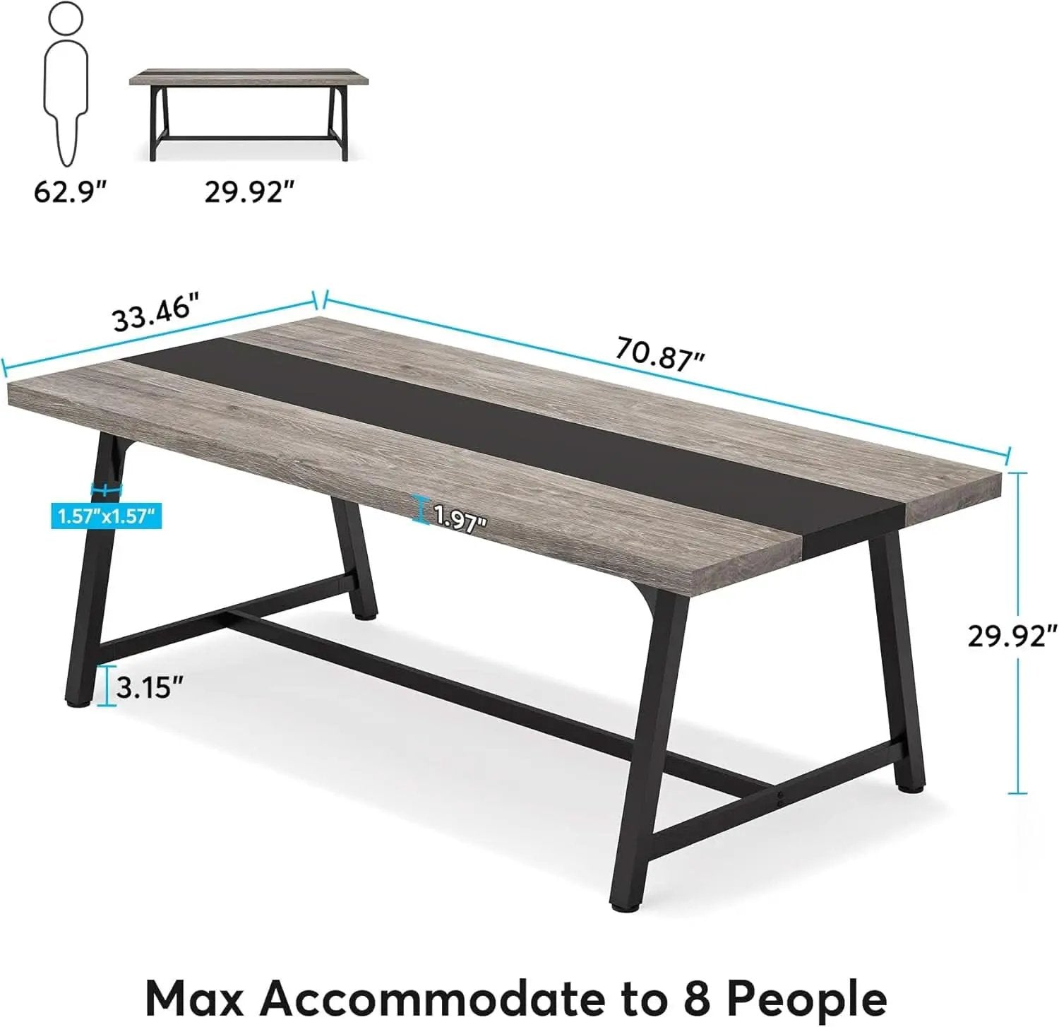70.87 Inch Dining Table For 8 With Metal Frame In Gray from PriceLows™