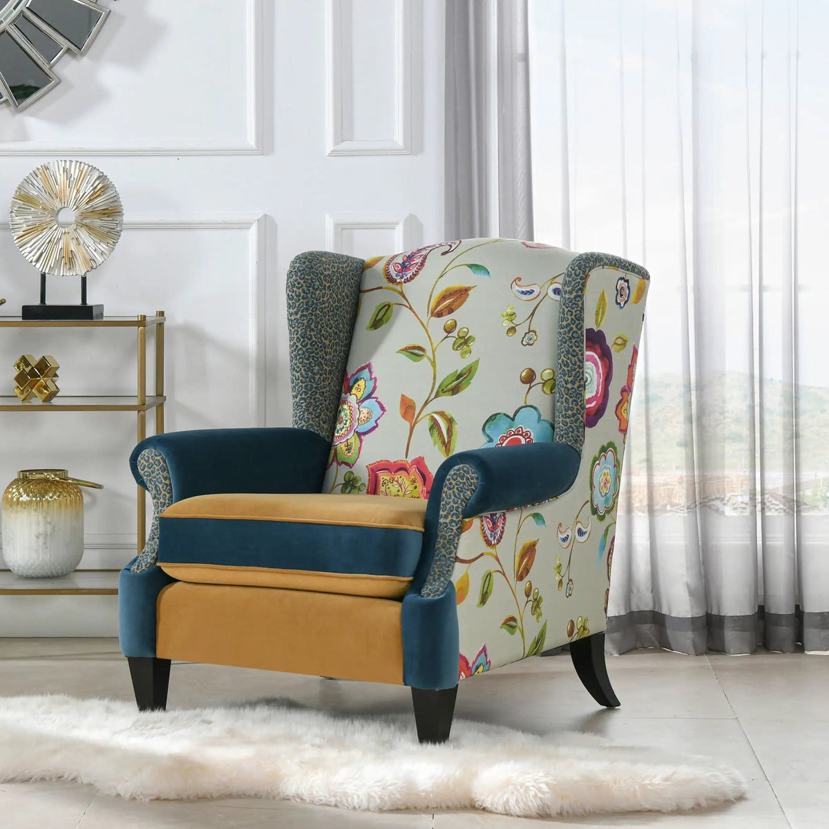 Anya Boho Chic Wingback Accent Arm Chair | 34 x 36 x 38.5 in | Velvet & Fabric | Floral / Leopard / Blue Teal / Yellow Gold