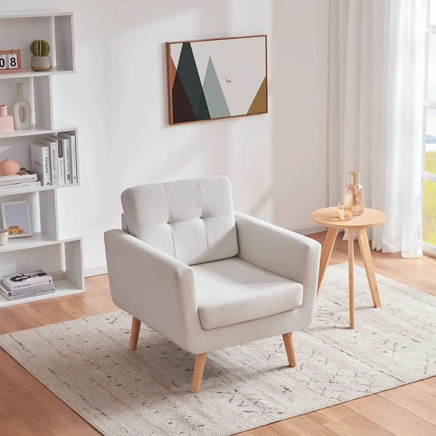 Beige Mid Century Accent Chair With Tufted Upholstery from PriceLows™