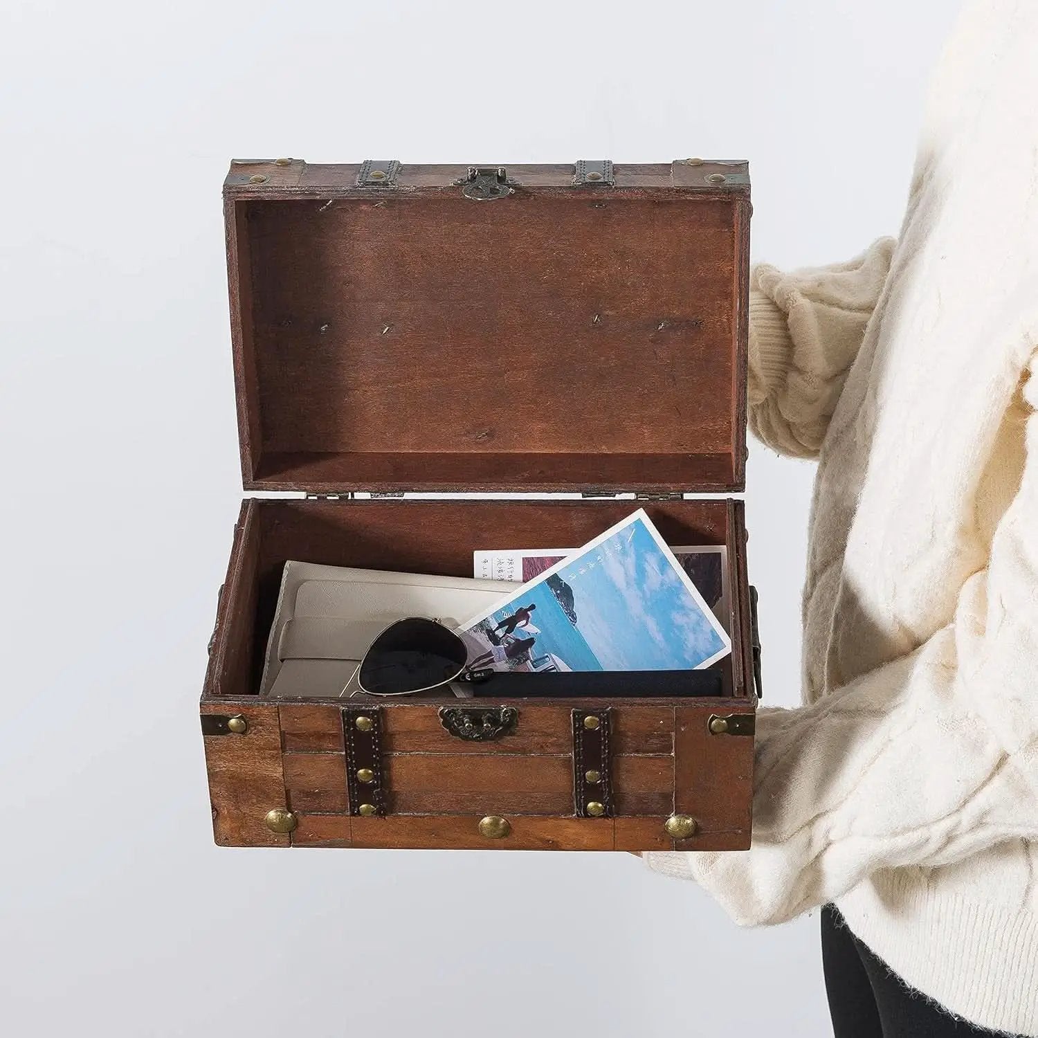 Wooden Treasure Chest 11x7x5.5 Hinged Lid Keepsakes from PriceLows™
