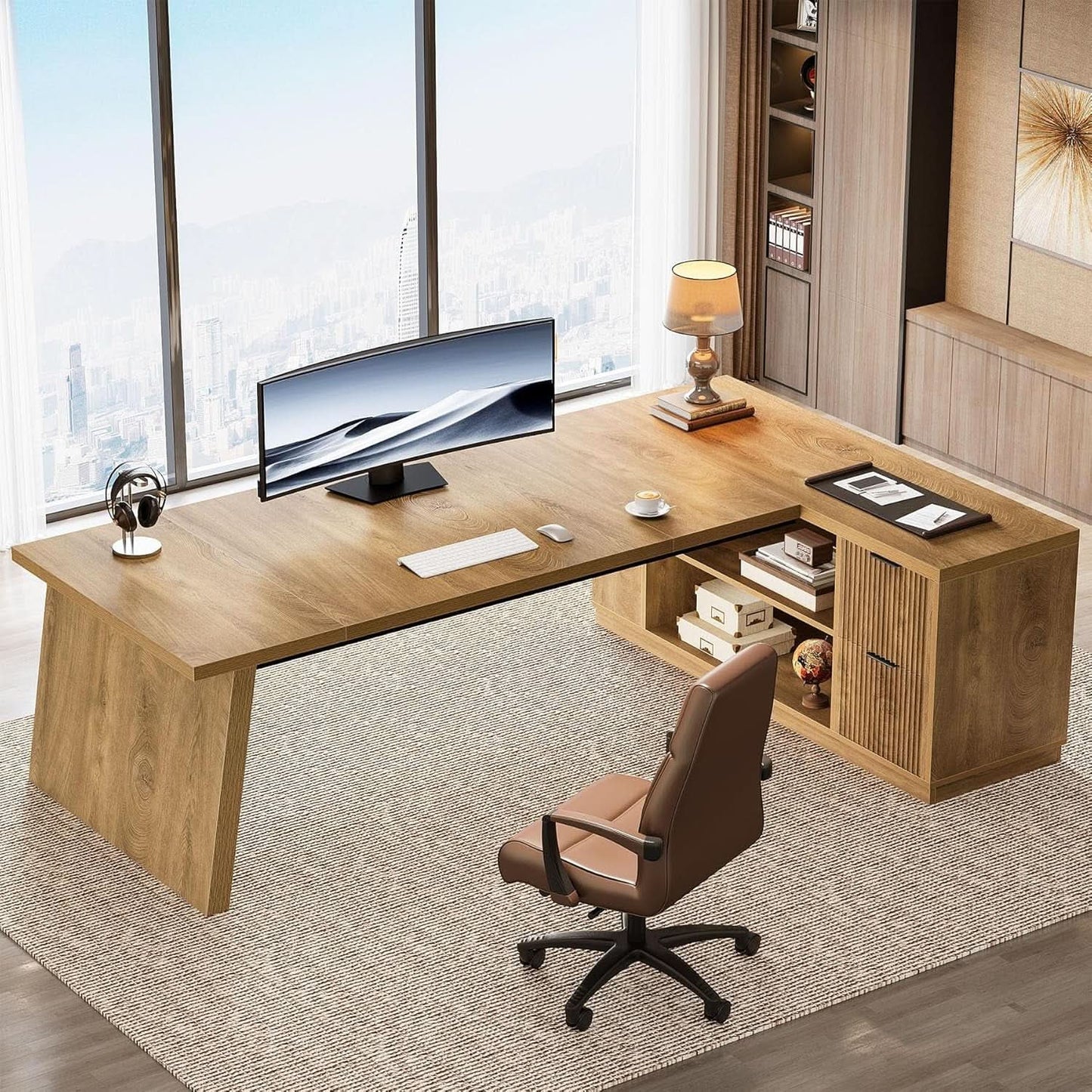 Executive Corner Desk 78 Inch Drawers Brown Shelves from PriceLows™