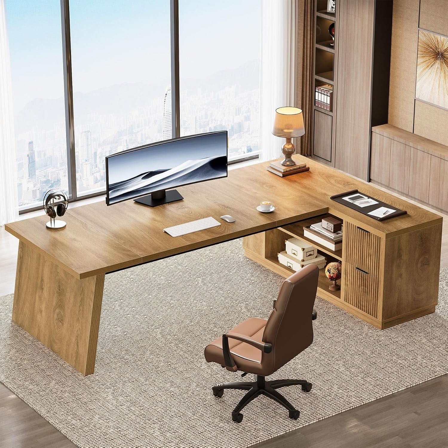 Executive Corner Desk 78 Inch Drawers Brown Shelves from PriceLows™