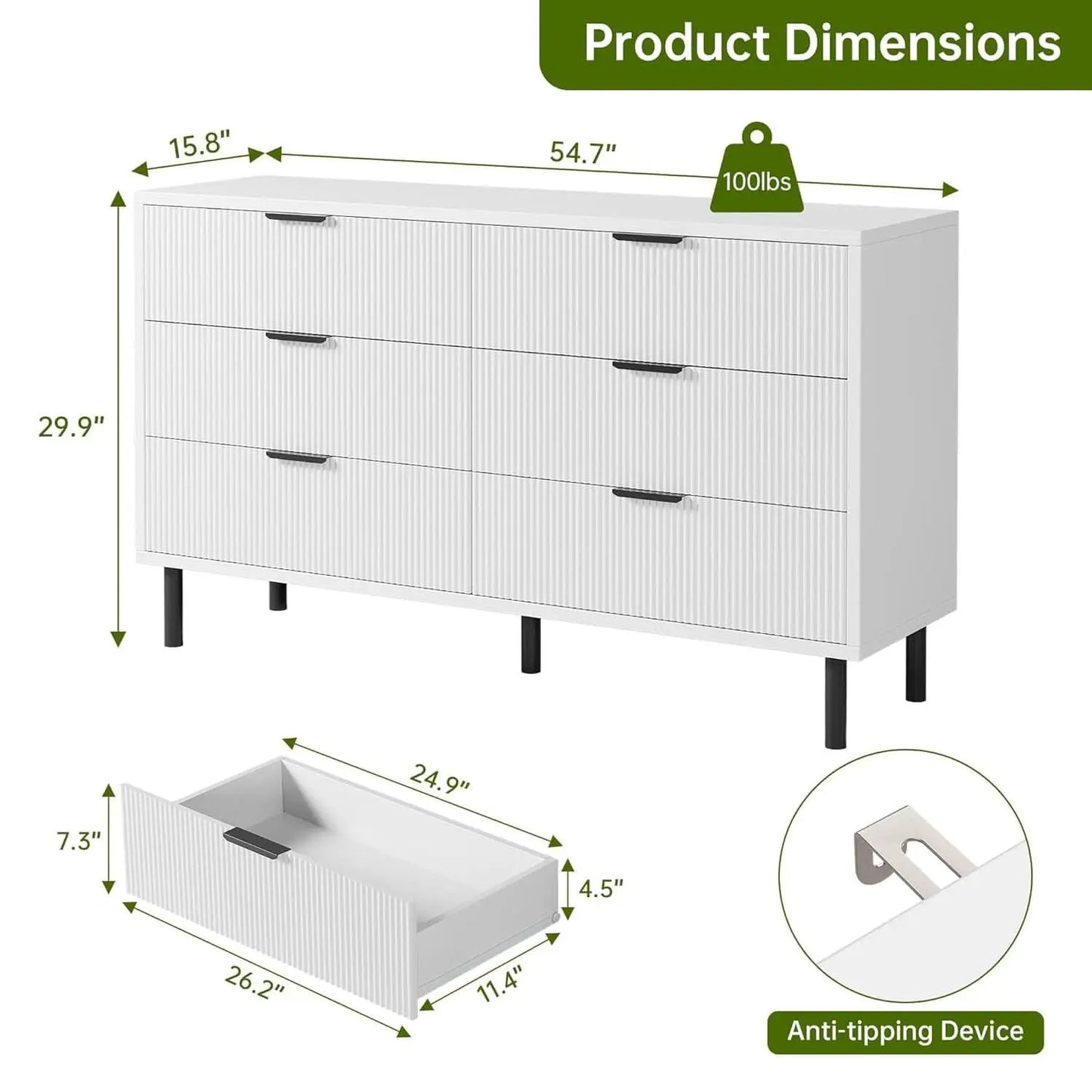 White Fluted Contemporary Dresser With Stainless Legs from PriceLows™