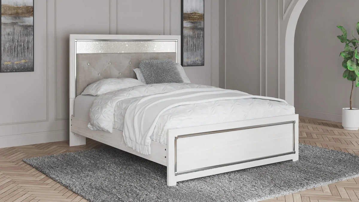 Altyra Queen Panel Bed With Roll Slats | Panel Bed | Engineered Wood & Polyester | White