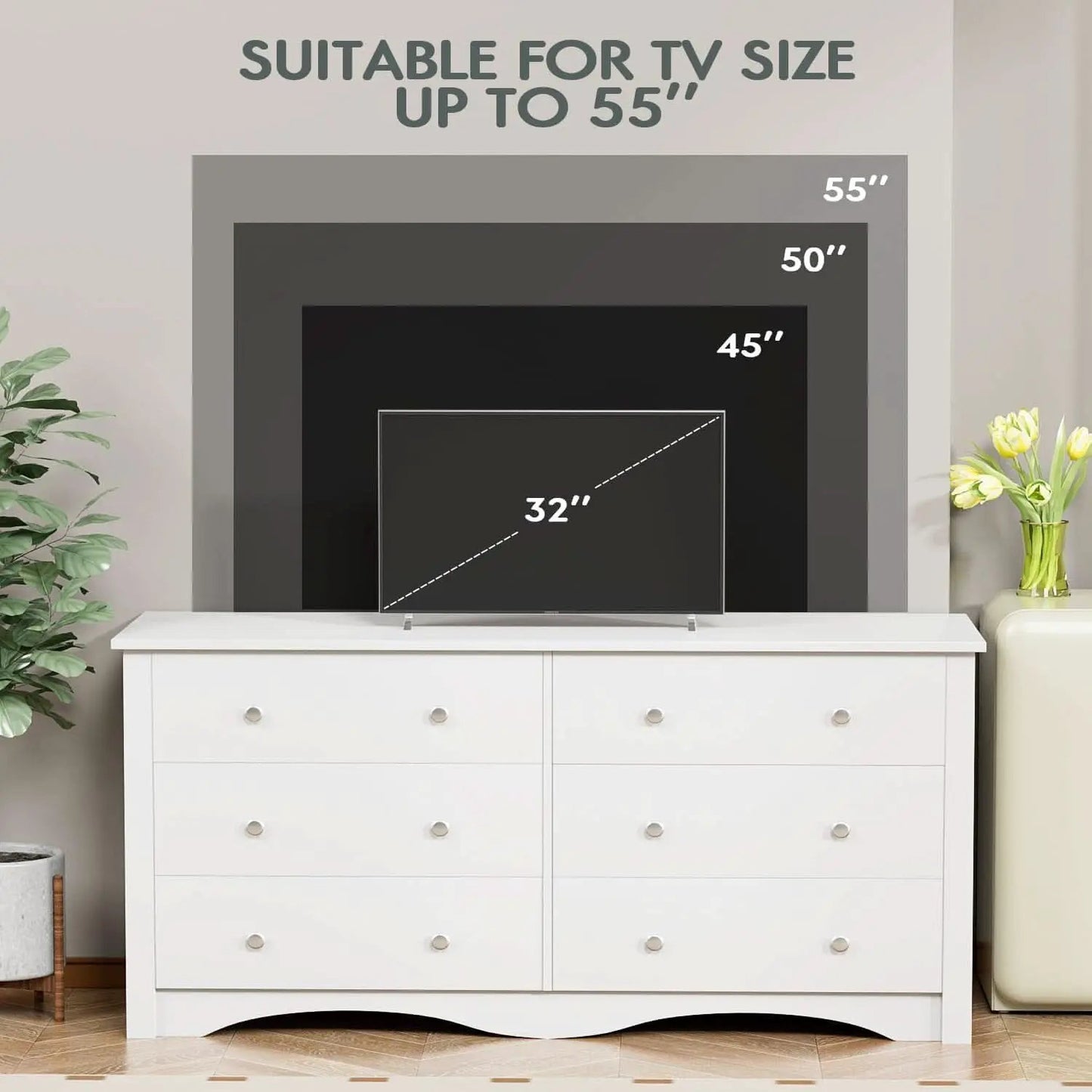 Dresser With 6 Drawers And TV Stand White Wood Storage from PriceLows™