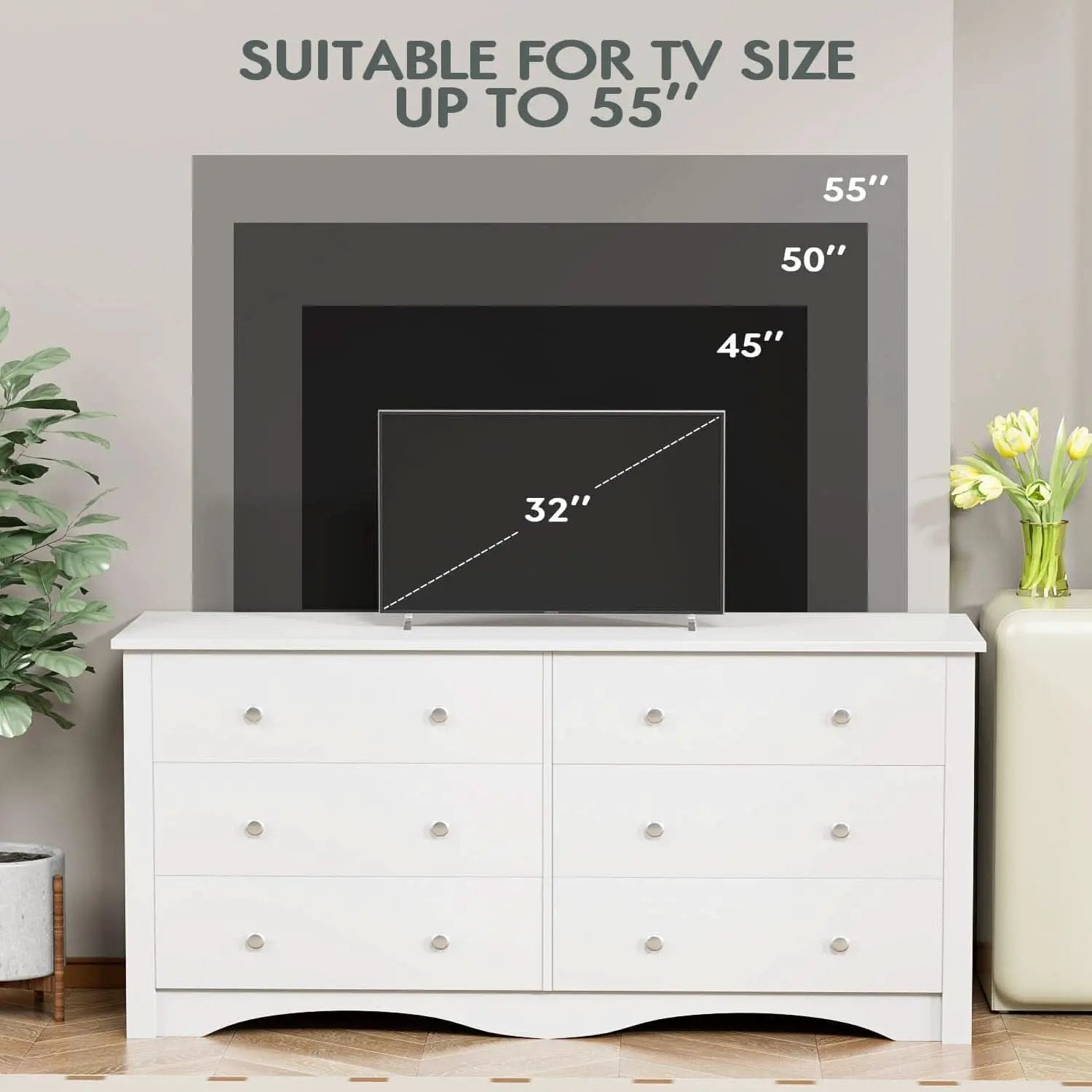 Dresser With 6 Drawers And TV Stand White Wood Storage from PriceLows™