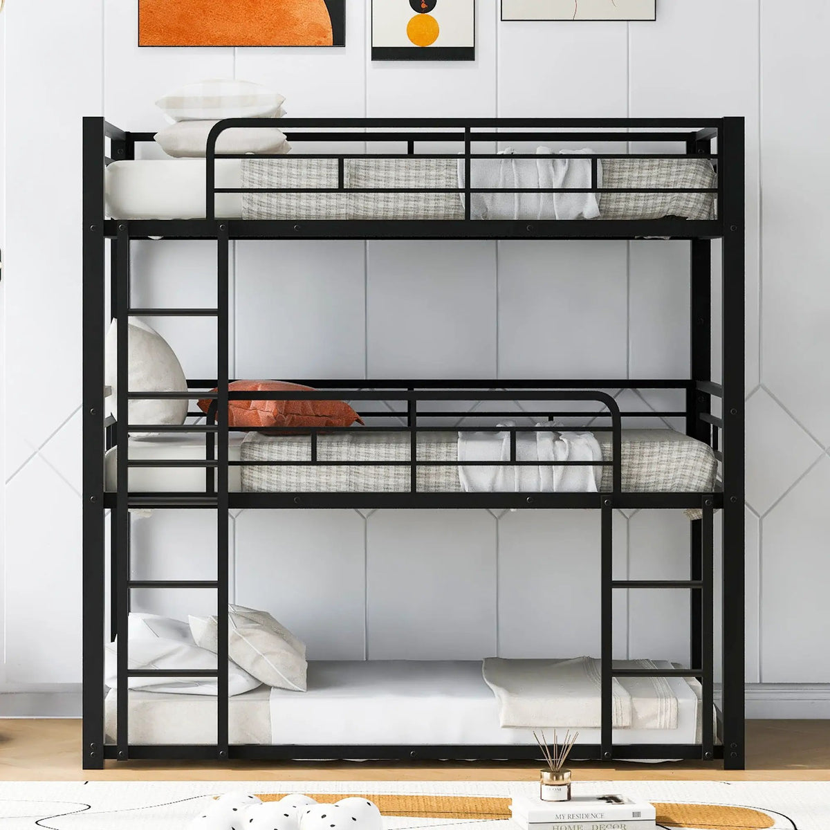 Triple Bunk Bed | Solid Metal Frame | Safety Guardrails | Space Saving