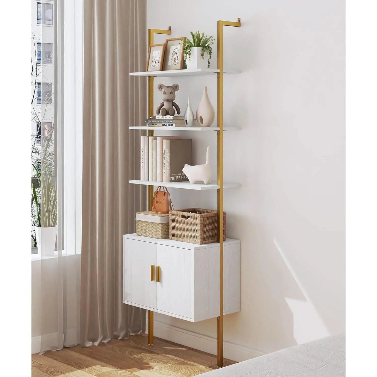 73 Inch Tall Bookshelf With Cabinet Industrial Ladder Wall Shelf White Gold from PriceLows™