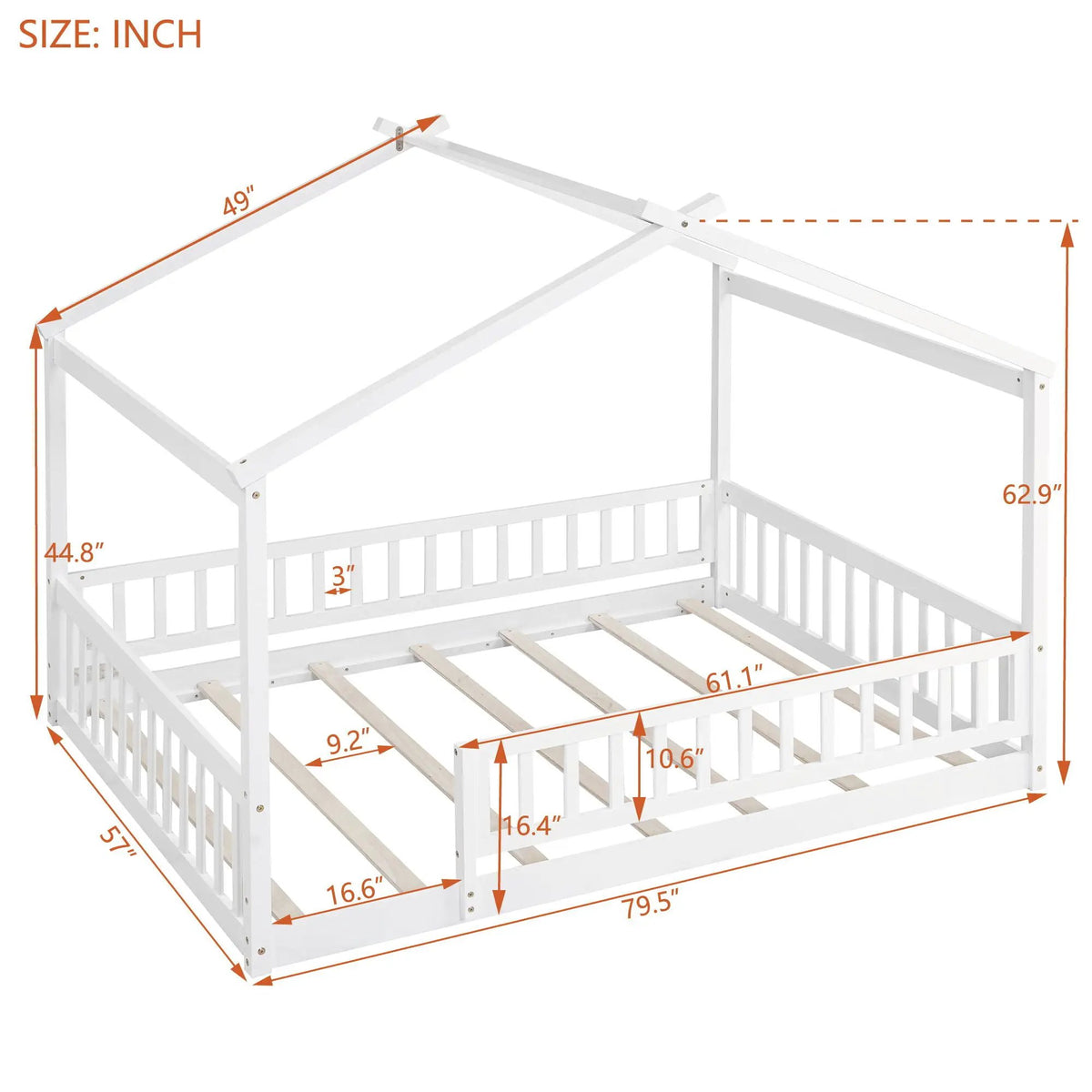 Kids Bed Frame | Playhouse Design | Roof And Fence | Toddler Size