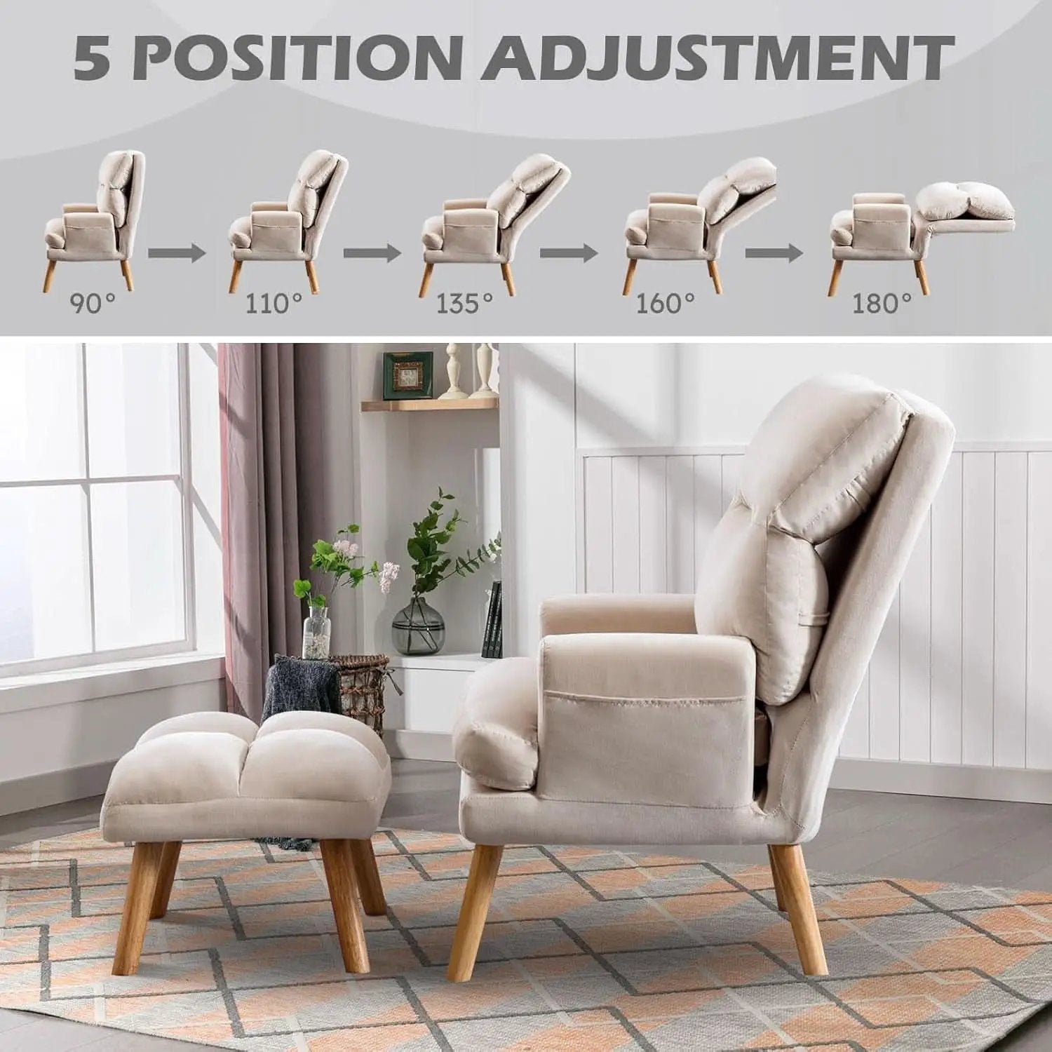 Beige Accent Chair With Ottoman Adjustable Backrest from PriceLows™