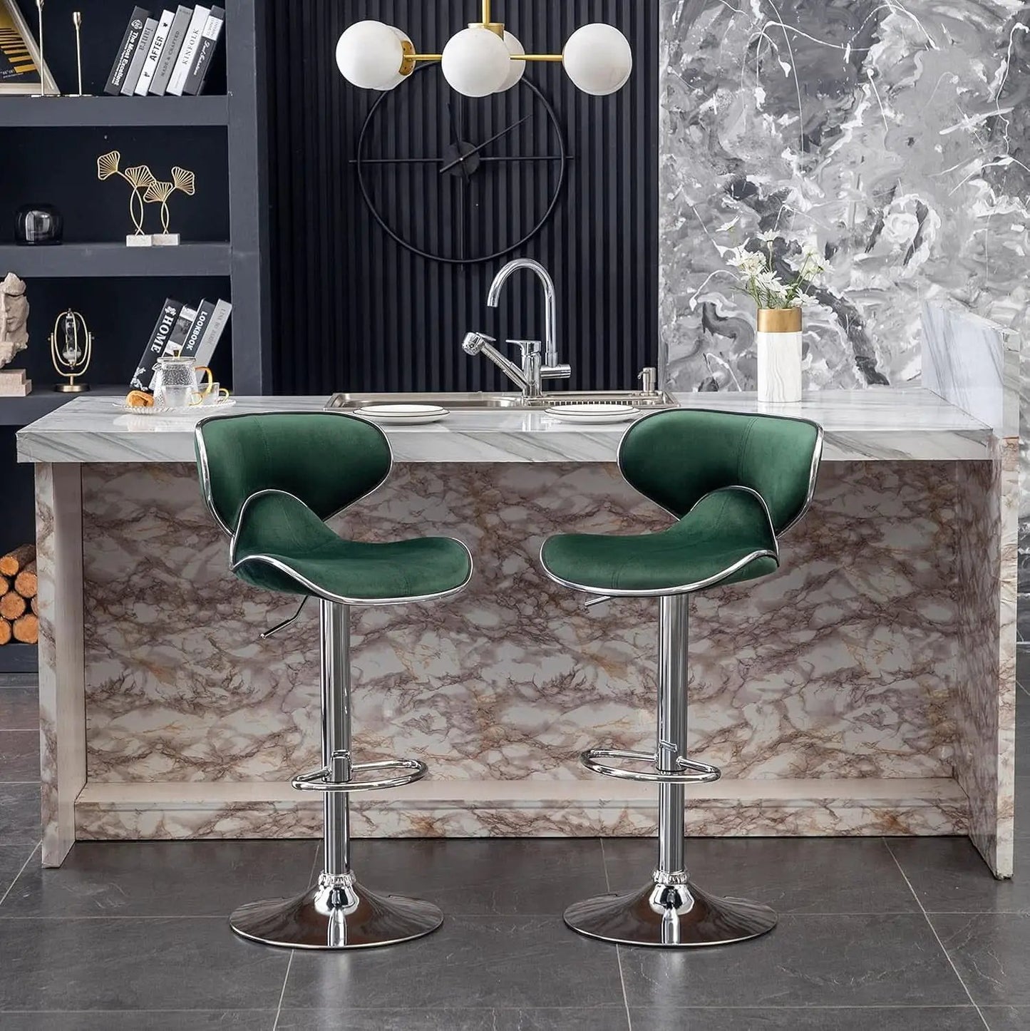 Green Velvet Upholstered Adjustable Swivel Bar Stools Set 2 from PriceLows™