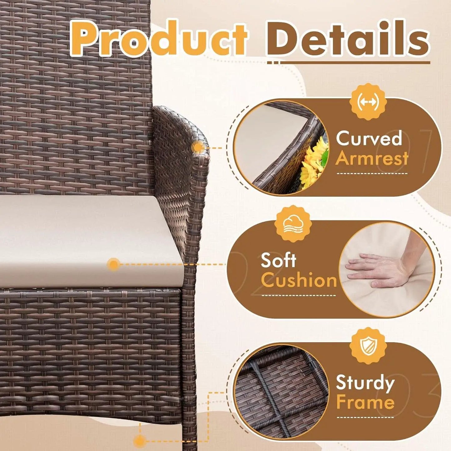 Patio Set 3 Piece All Weather Rattan Glass Table Brown from PriceLows™