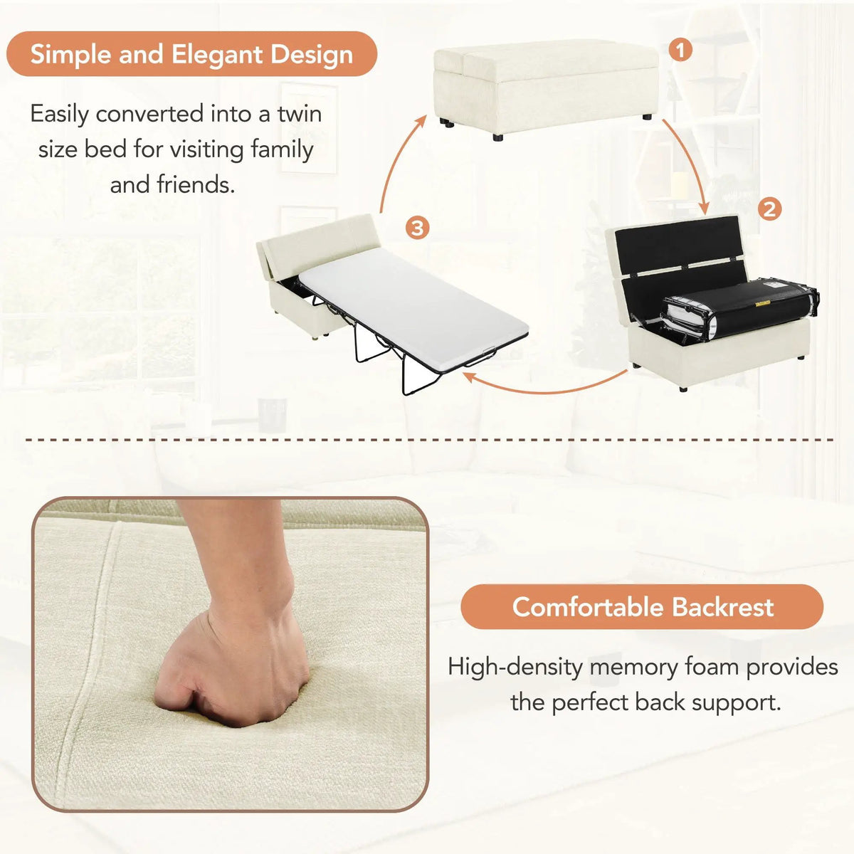 Twin Size Folding Ottoman Sleeper Bed | Includes Mattress | Convertible Guest Bed | High-Density Foam