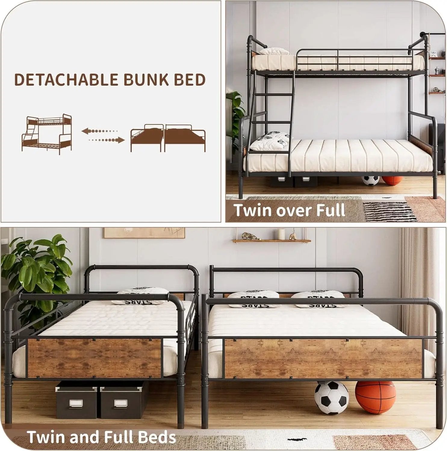 Twin Over Full Metal Bunk Bed Vintage Brown Space Saving from PriceLows™