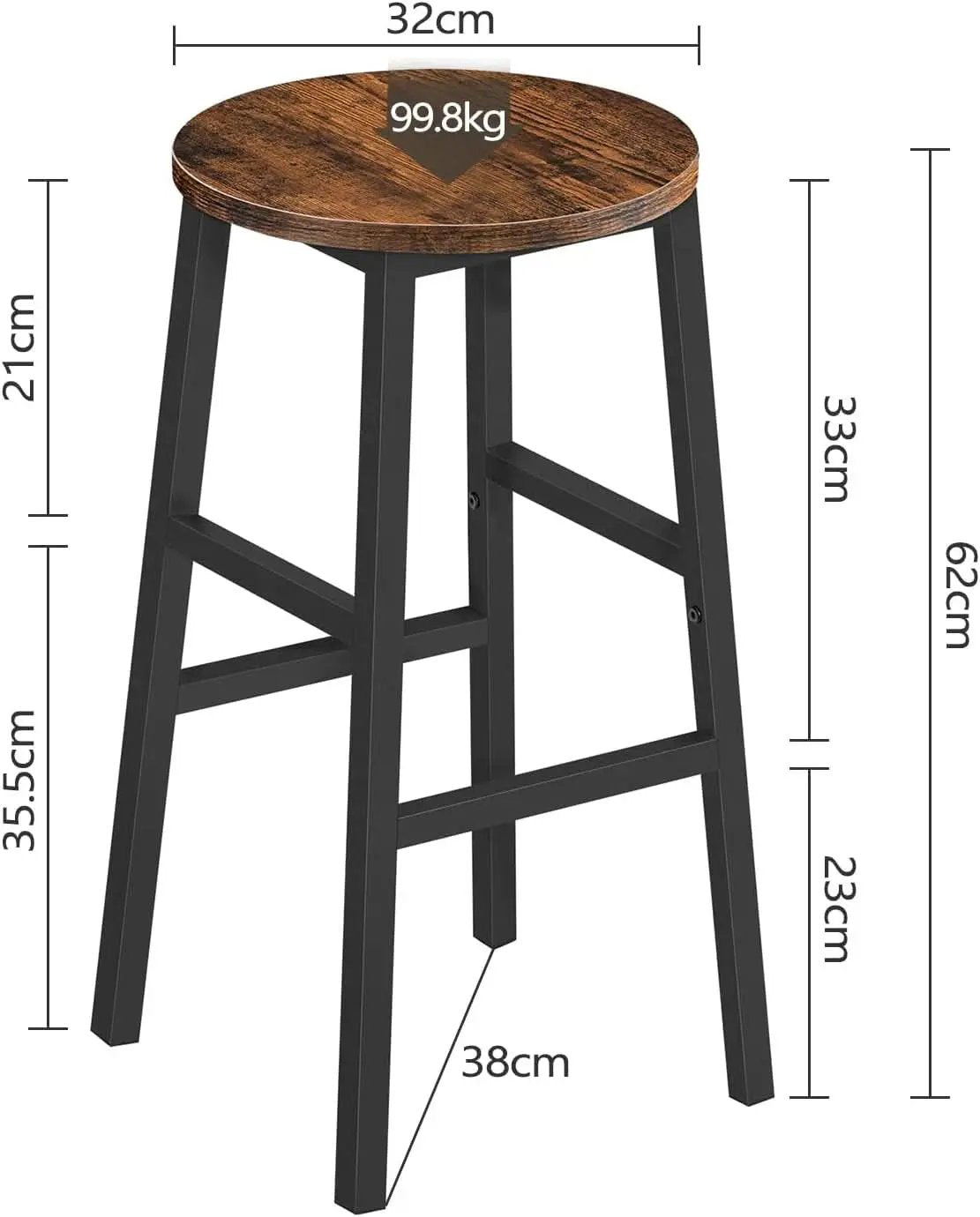 Round Bar Stools Set of 2 With Footrest 24.4 Inch Industrial Rustic Brown from PriceLows™