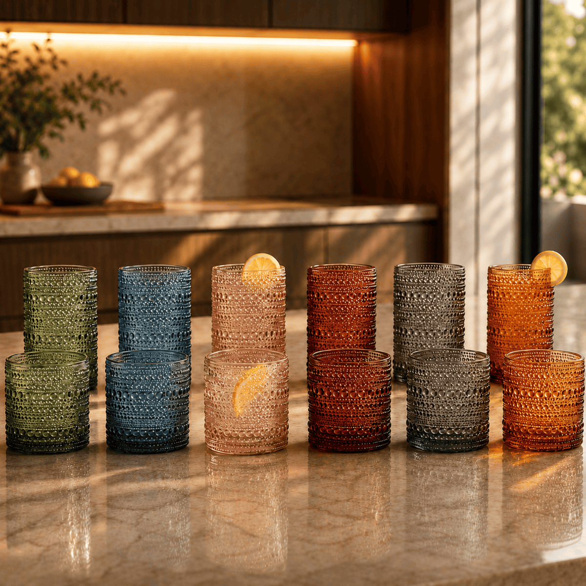 Tonal Hobnail Highball & Lowball Glassware | 14 oz | Set of 12 | Entertaining