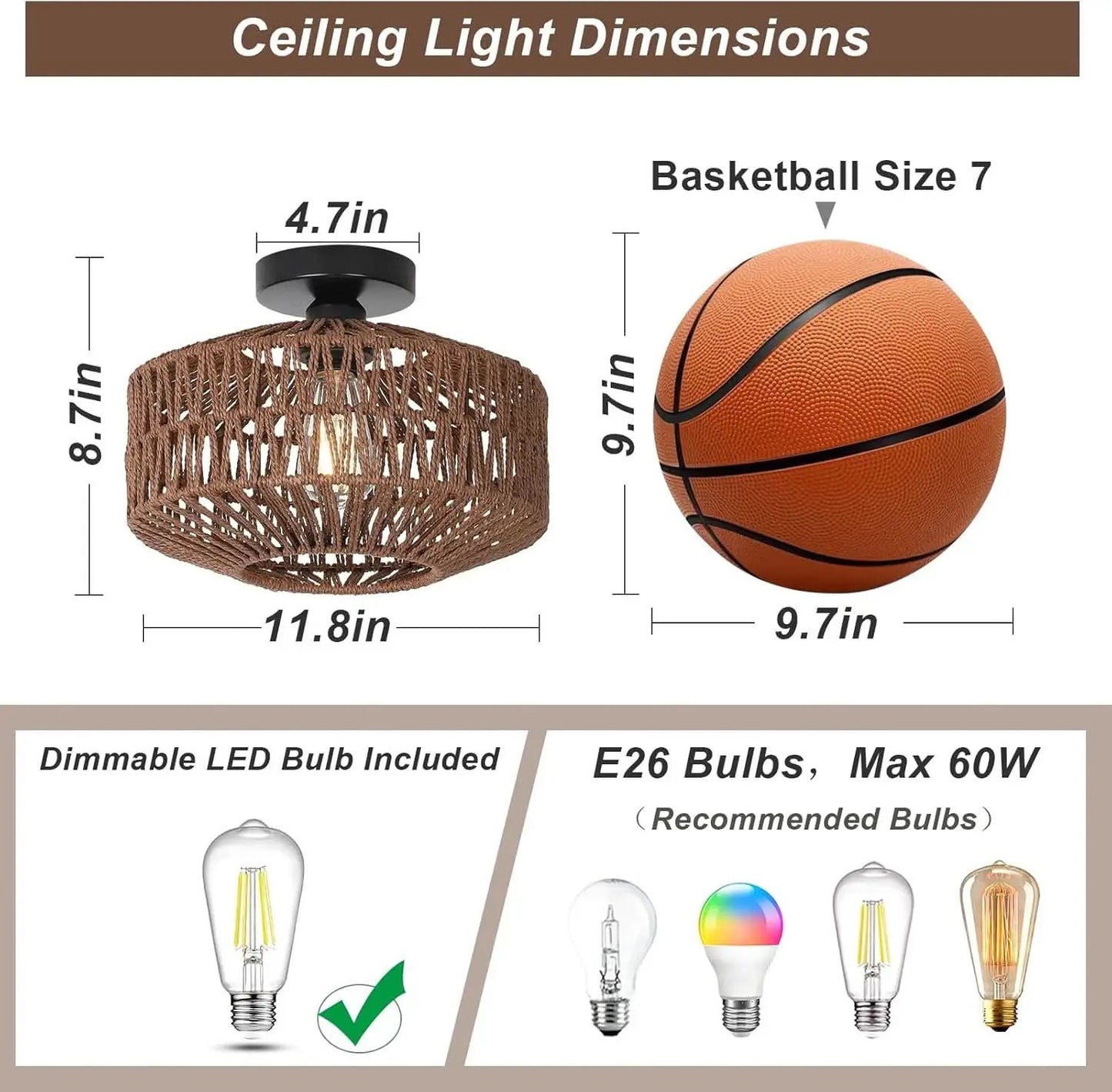 Dark Brown Hand Woven Rattan Ceiling Light With Dimmable LED from PriceLows™