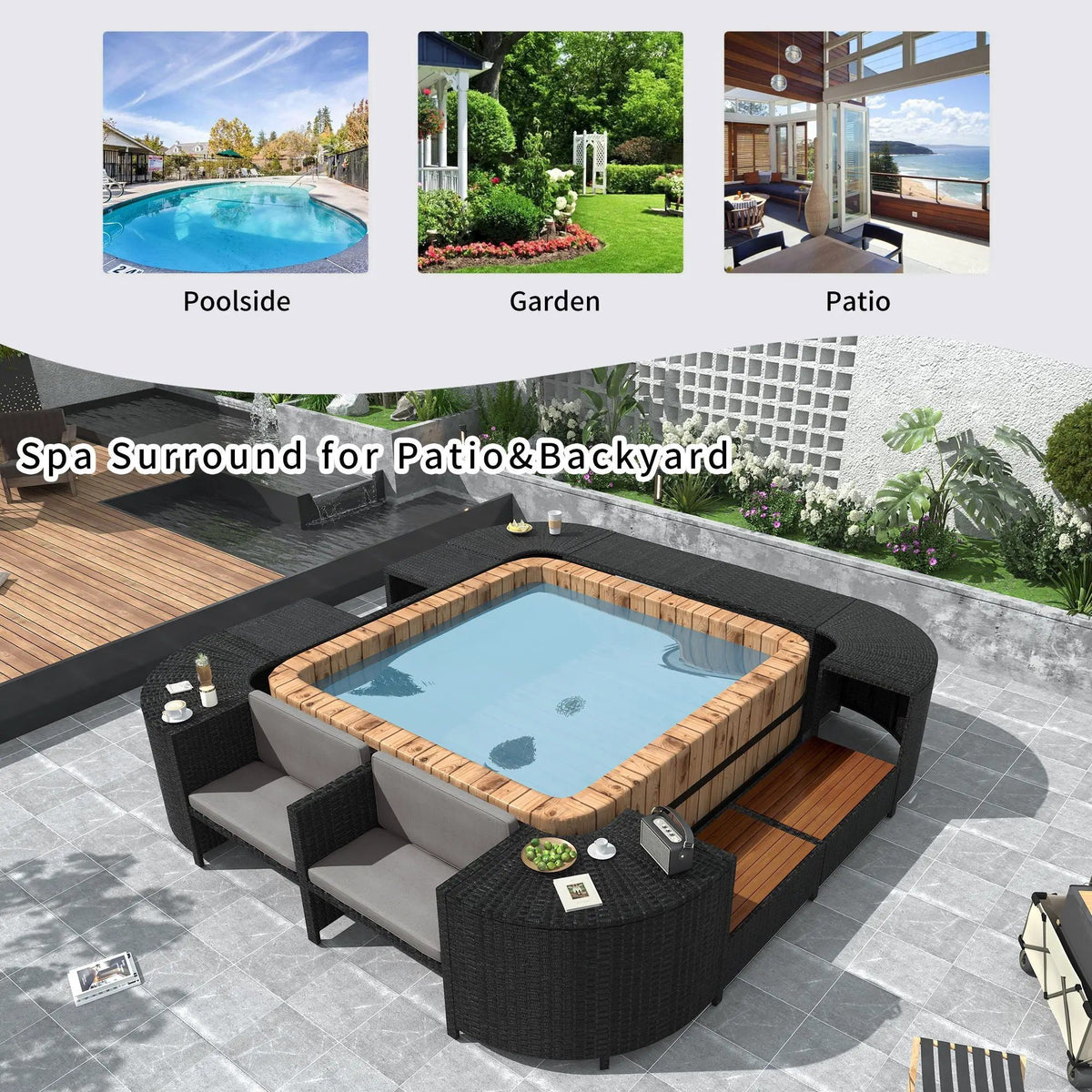Outdoor Spa Surround Sofa | Rattan And Steel | Waterproof Cushions | 4 Piece