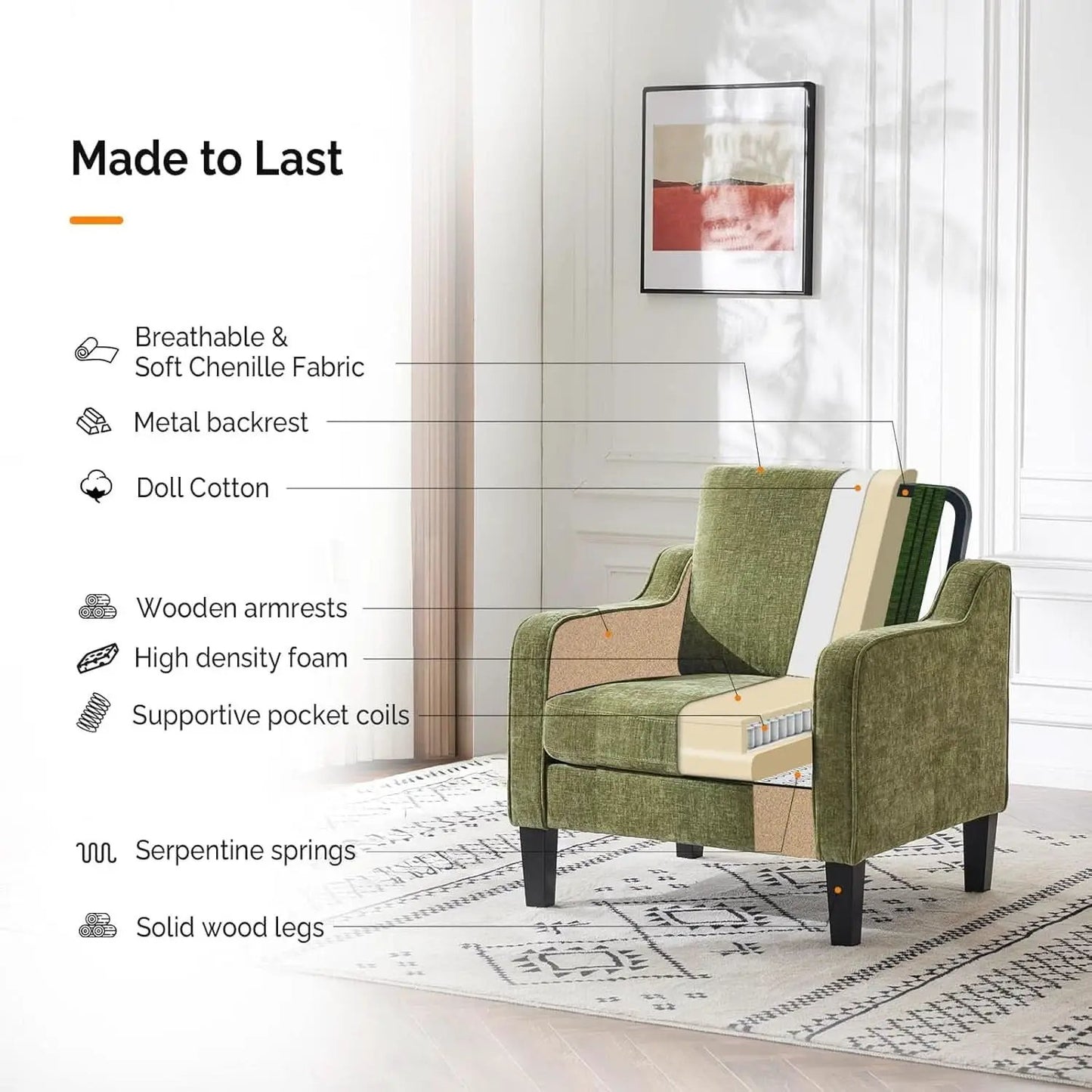 Olive Green Upholstered Accent Chair Midcentury Comfort from PriceLows™